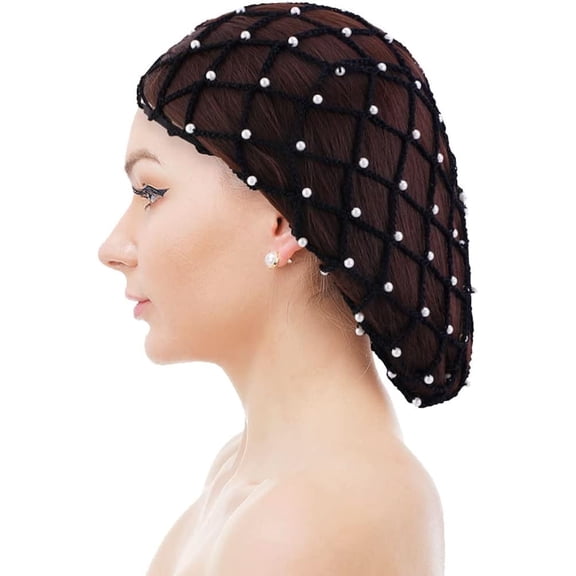 Women's Hair Net Rayon Mesh Snood Headwrap Pearl Beaded Crochet Cap Oversize Soft Fashion Design Ladies Elastic Hat Hairwear
