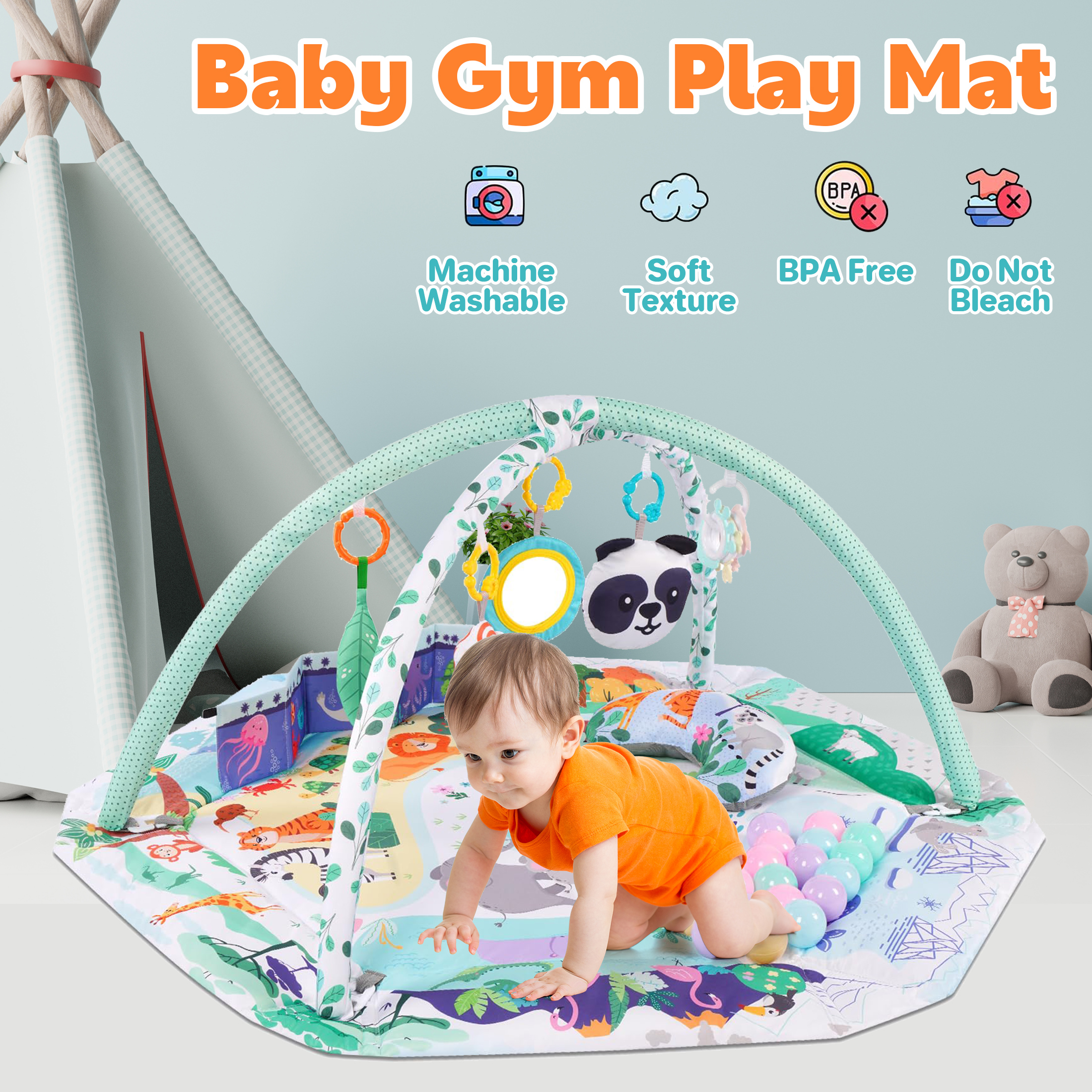 YoYFUN 4-in-1 Baby Play Gym Activity Mat, Green photo 6