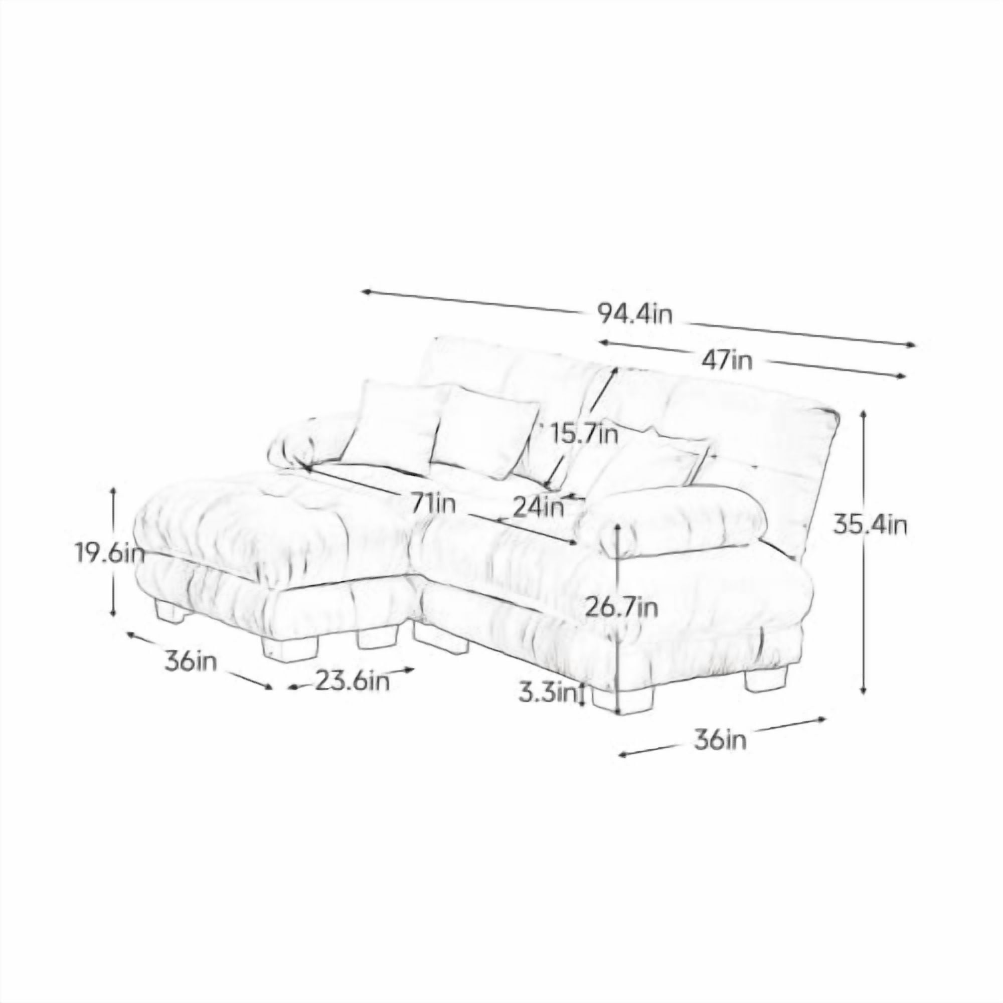 ANPPORT Cloud Couch Sleeper Sofa, Chenille Gray 2-Seater Modular Sofa with 1 Ottomans, 2 Lumbar pillows, 2 Pillows, Comfy Deep Seat Cloud Sofa, Convertible L-Shaped Floor Couch for Living Room