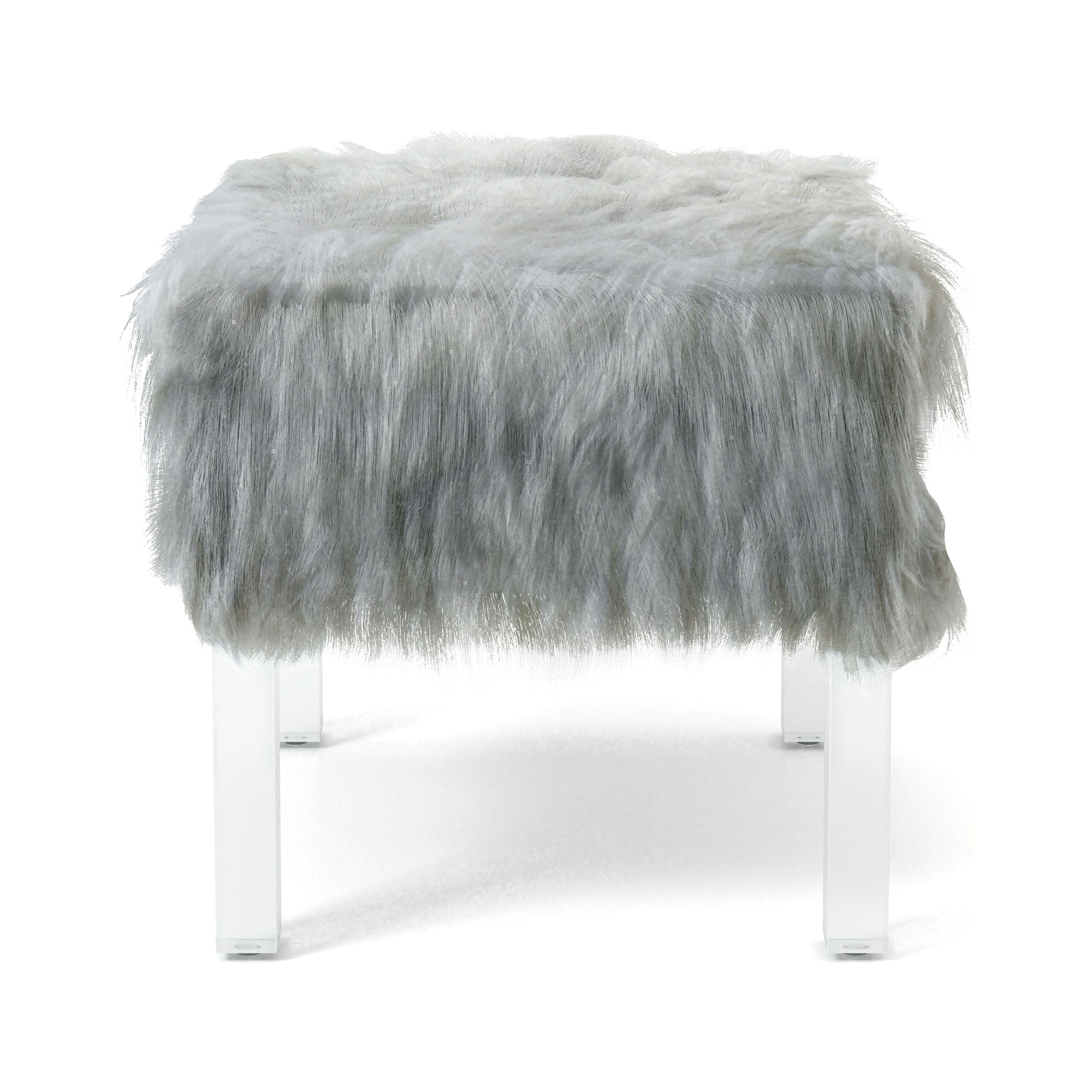 Raven I Contemporary Faux Fur Acrylic Ottoman, White
