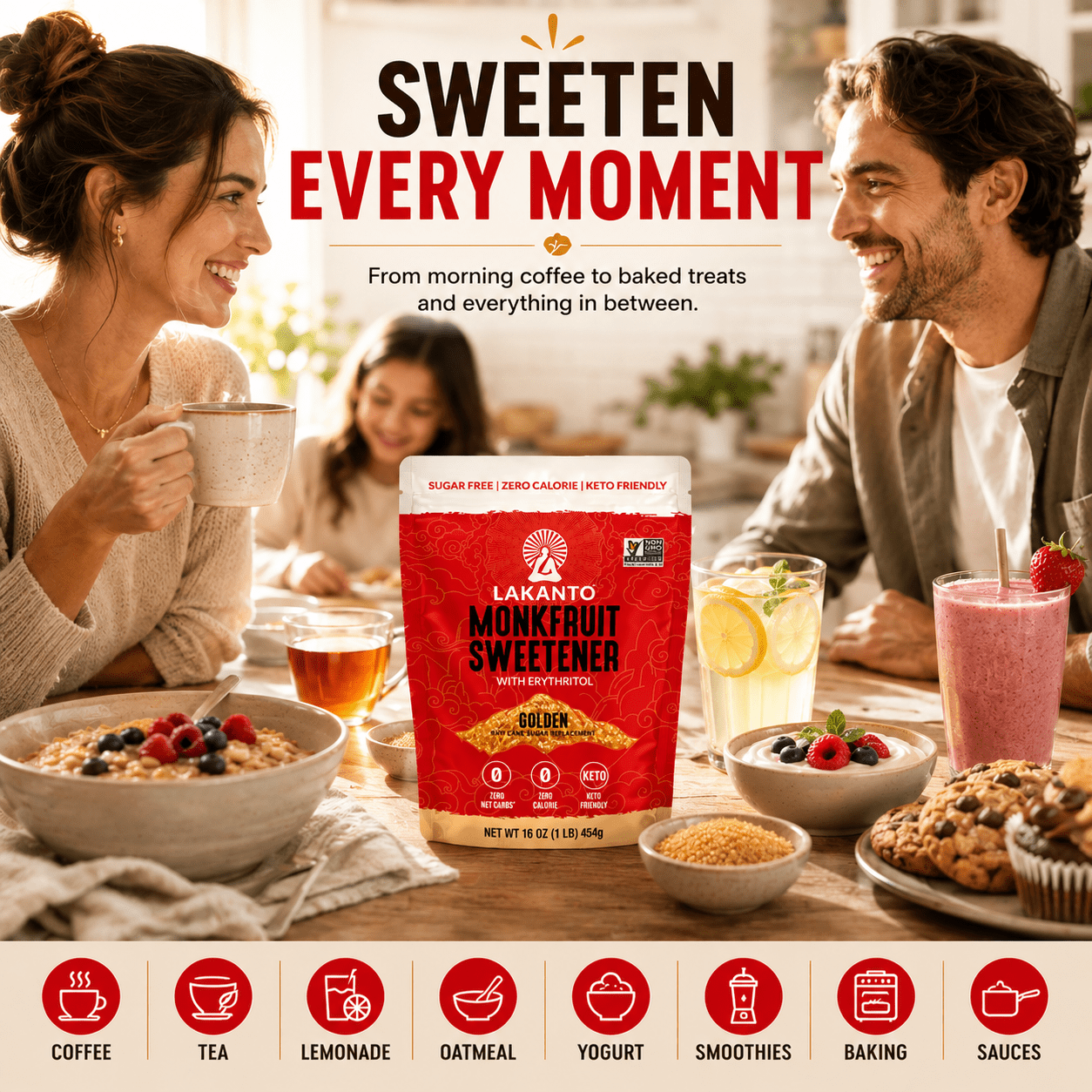 Lakanto Monk Fruit Sweetener - 1:1 Raw Cane Sugar Substitute, Zero Calorie, Keto Diet Friendly, Zero Net Carbs, Zero Glycemic, Baking, Extract, Sugar Replacement (Golden - 1 lb)