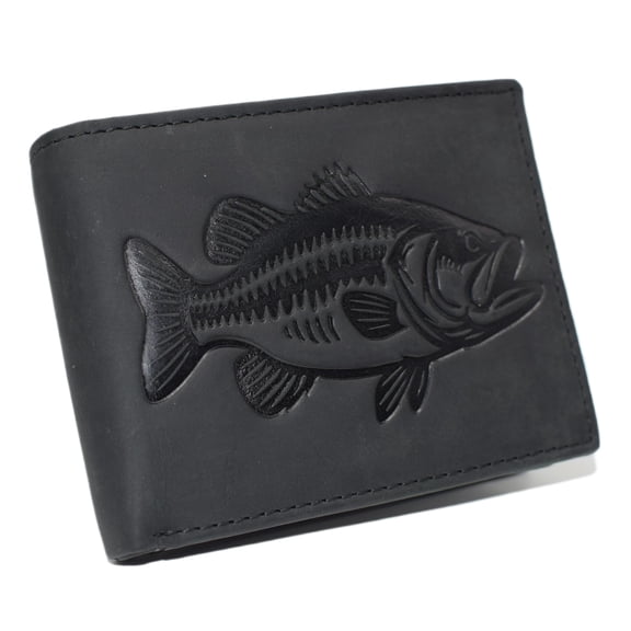 MARSHAL Fishermans RFID Blocking Vintage Leather Bifold Wallet with Debossed Bass Design for Outdoorsmen Black