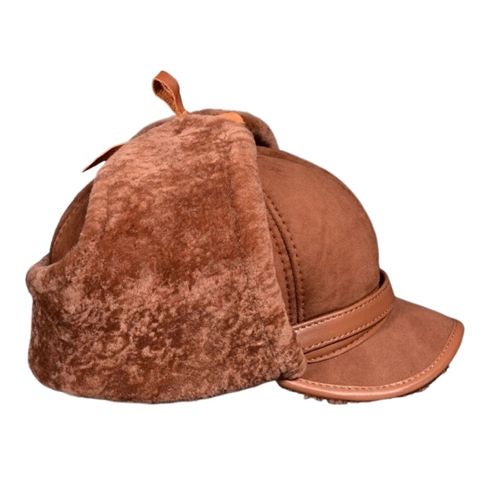 Man Real Leather Full Wool Goat Fur One Bomber Hats Male Fleece Warm Caps Brown/Dark Blue Motocycle Bonnet ,Durable Quality