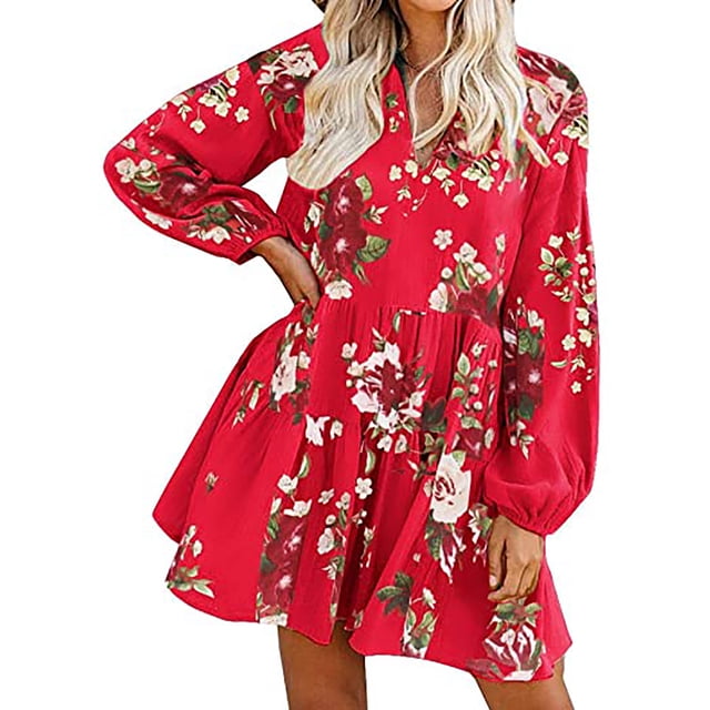 FcBaudy Robe Longue à Manches Longues Col en V, Robes d'Été pour Femmes, Robes Décontractées d'Été pour Femmes Robe Longue à Manches Longues Imprimé Floral Col en V Robe pour Femmes