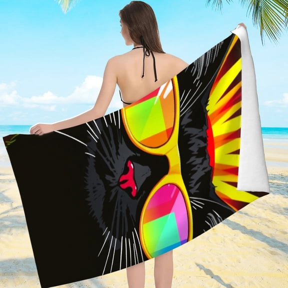 RKSupls Cool Cat Sunglasses Microfiber Beach Towel, Extra Large Quick Dry Lightweight Towel for Travel Swimming Camping, Soft Super Absorbent- 55.1x27.6in