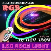 LED NEON Light AC 110120V Flexible RGB LED Neon Light Strip 60 LEDs/M Waterproof Multi Color Changing 5050 SMD LED Rope Light + Remote Controller for Home Decoration (16.4ft/5m)