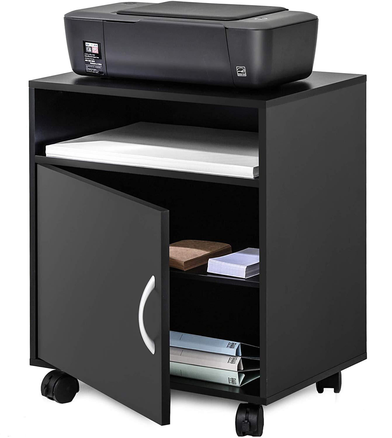 FITUEYES Printer Stand with Adjustable Storage，Mobile Wood Work Cart On