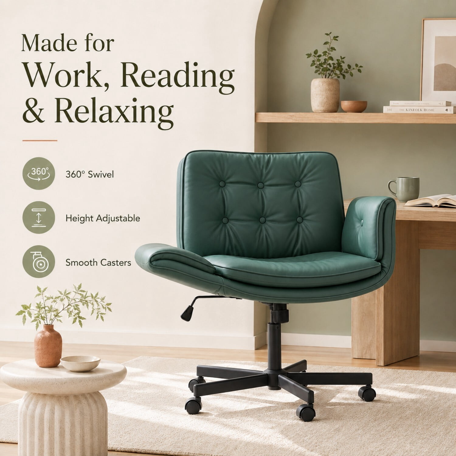 Easy4Home Criss Cross Office Chair with Wheels and Adjustable Armrests, Wide Seat PU Leather Swivel Computer Desk Chair, Dark Green