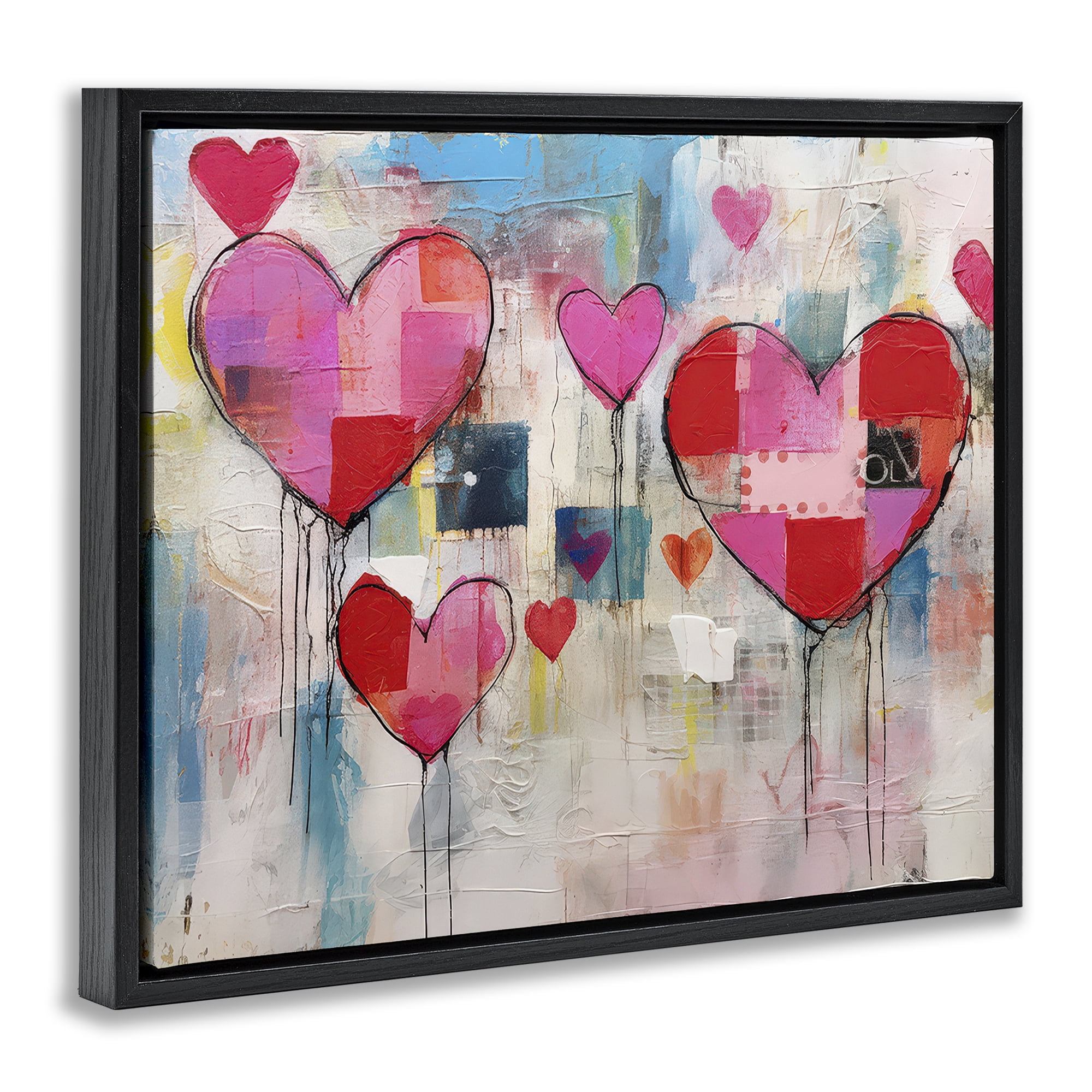 Stupell Industries Urban Hearts Painting Collage Abstract Painting Black Floater Framed Canvas Art Print Wall Art, 31 x 25