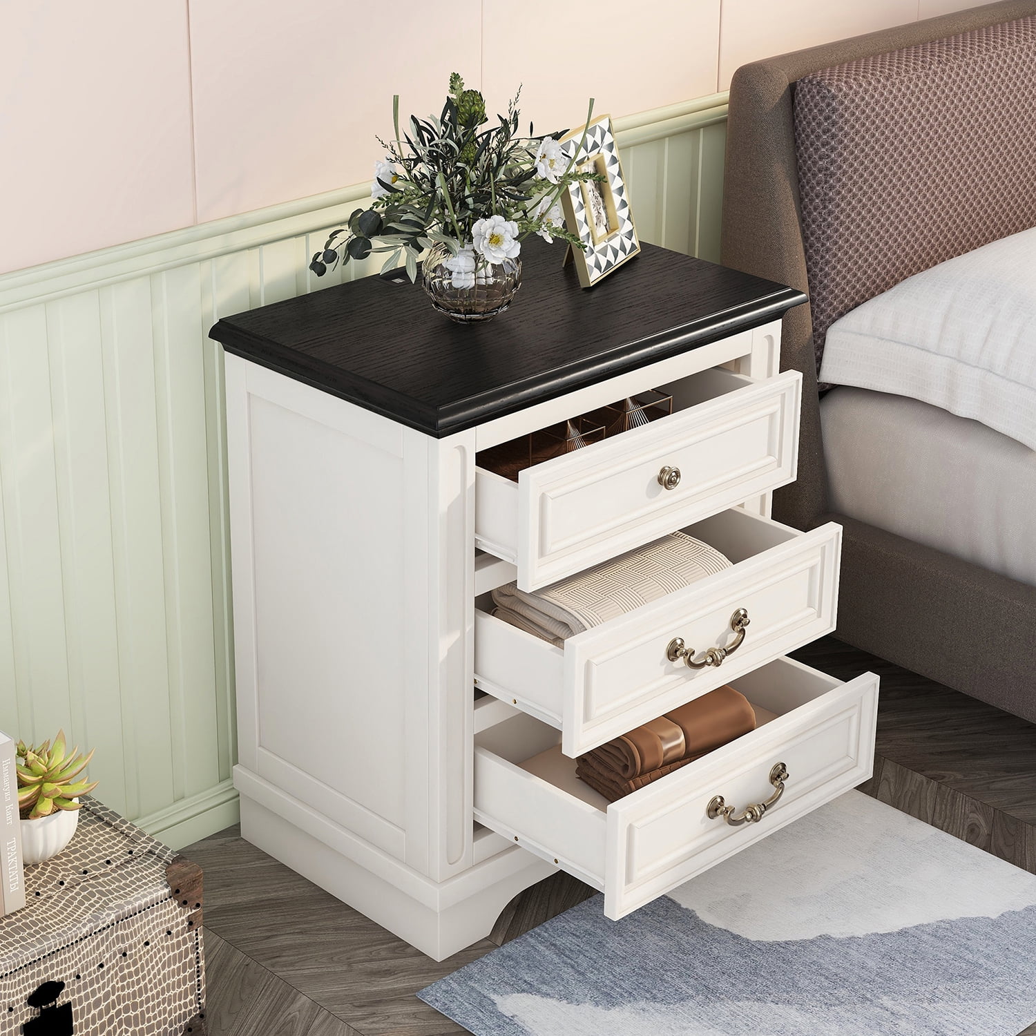 Kepooman Nightstand with 3 Drawers and USB Charging Ports, Bedside Table with 2 Standard Plug Outlets for Living Room, Bedroom, Beige Kepooman Nightstand with 3 Drawers and USB Charging Ports, Bedside Table with 2 Standard Plug Outlets for Living Room, Bedroom, Beige