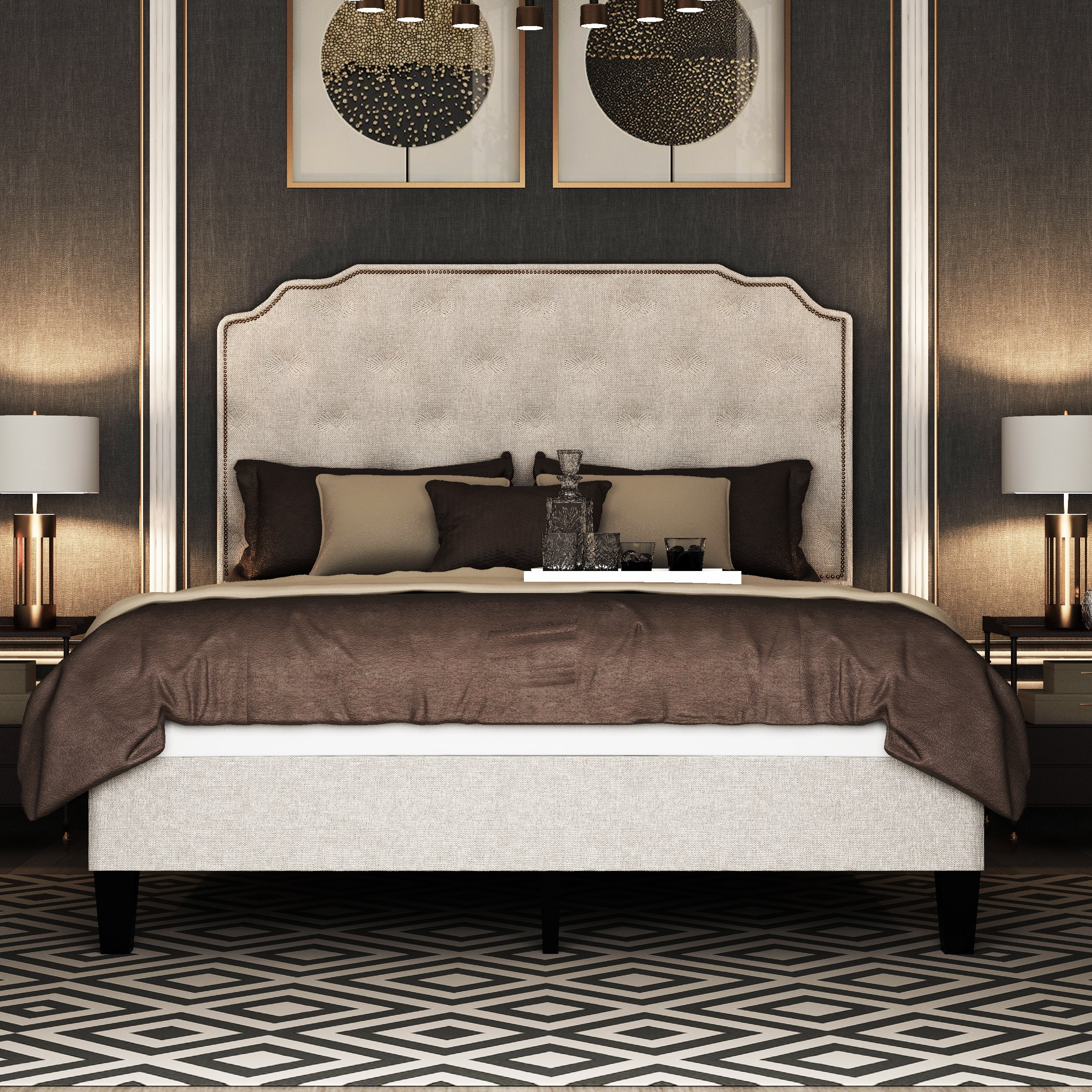 Upholstered Bed Queen, Rubber Wood Platform Bed Frame with Soft Linen