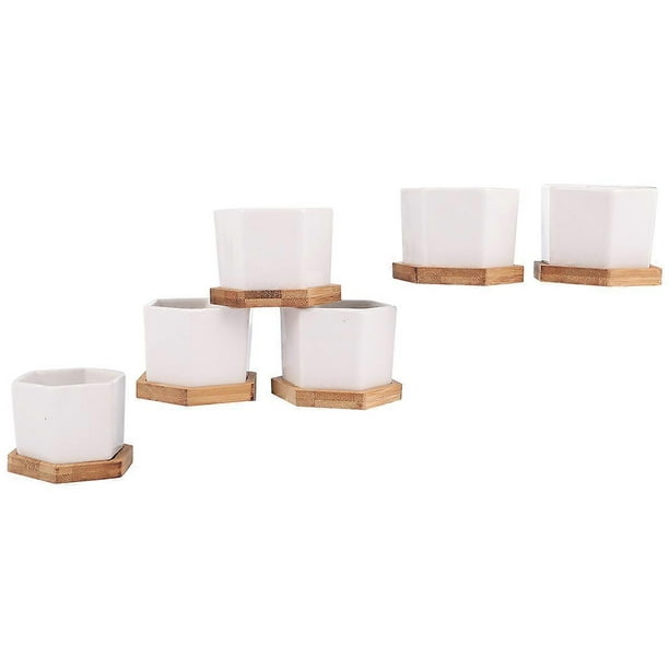 12 Pcs in 1 Set Succulent Plant Pots Mini Succulent Planter Ceramic Flower Planter Pot with Bamboo Trays (6 Pots and 6 Trays, White)