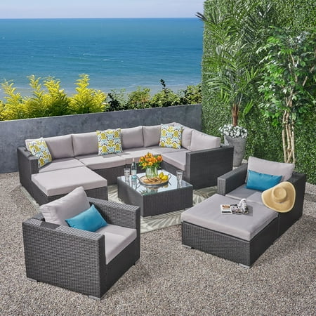 Faviola Outdoor 10 Piece Wicker Sectional Set with Glass Top Coffee Table Gray Silver