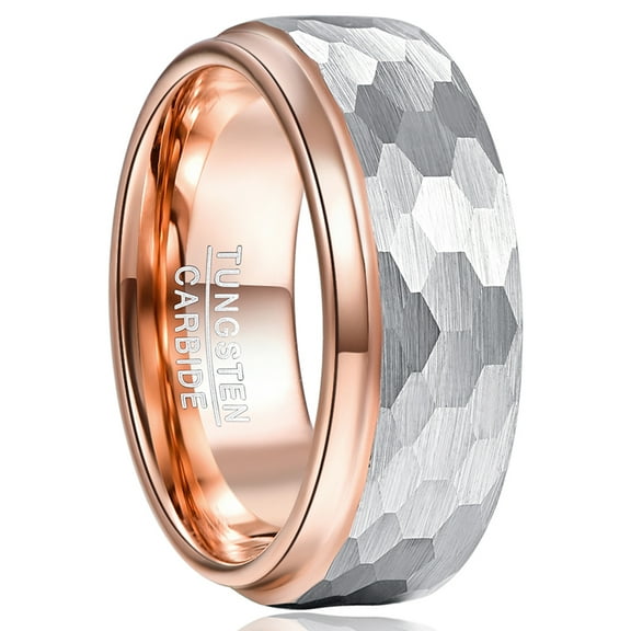8mm Men's Silver Hammered Tungsten Rings Rose Gold Plated Wedding Band with Step Edge Size 7-12