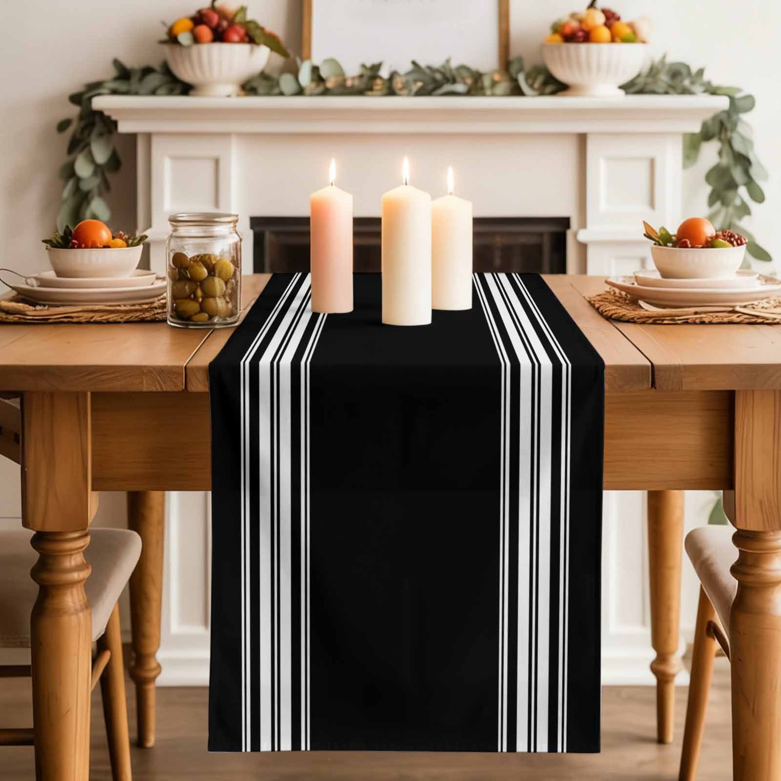 Black Striped Table Runner, Farmhouse Black White Stripes Washable Cotton Linen Table Runners 120 Inches Long, Dresser Scarf Runner for Dining/Living Room/Kitchen/Square Tables 13''x120''