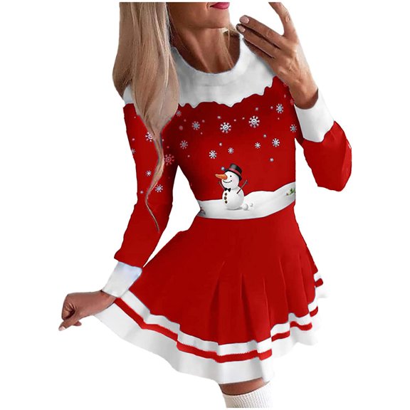 Lanhui Women Casual Round Neck Christmas Deer Snowflake Print Long Sleeve Mini Dress