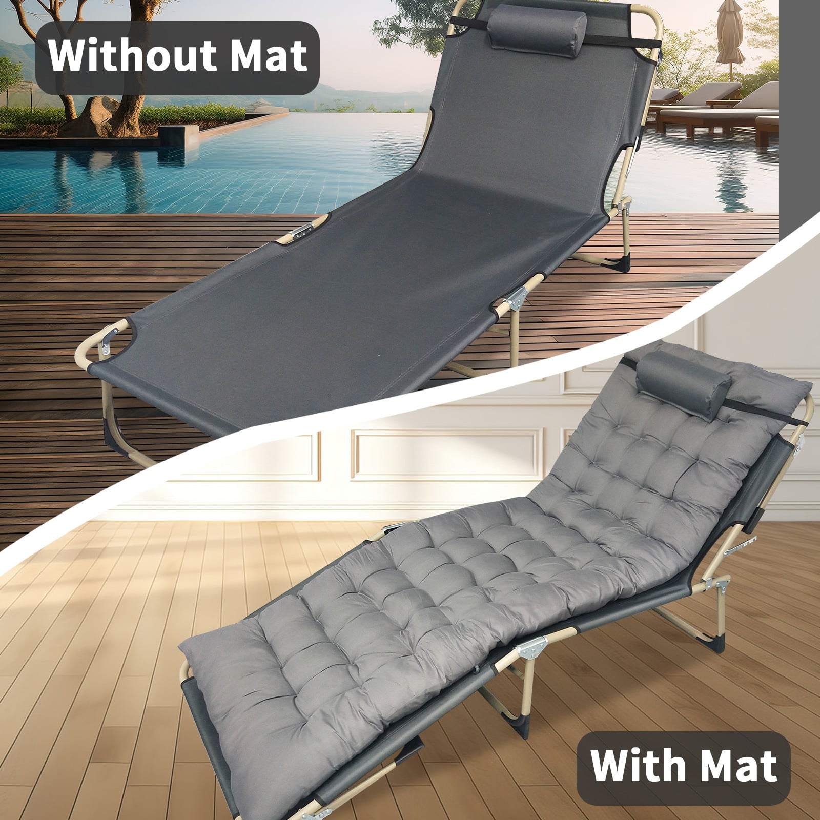 JSTUOKE 5-Fold Camping cot for Adults & Kids, Adjustable Folding Bed Reclining Folding Lounge Chairs with Pillow and Pearl cotton pad, Portable Intdoor Folding Sleeping Cots Bed