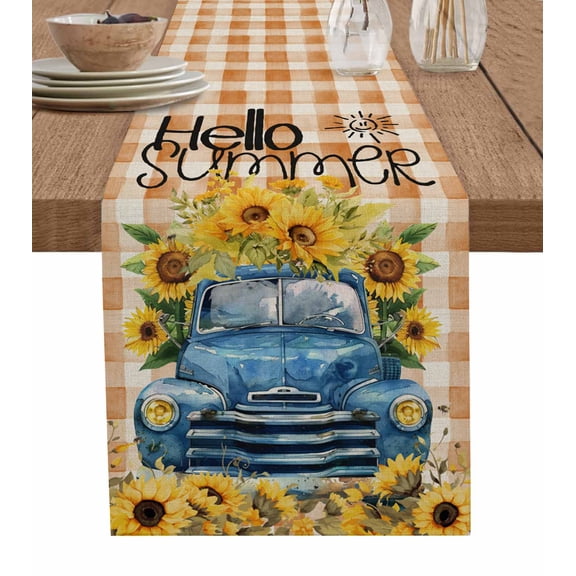 Table Runner 70 Inches Long for Kitchen Dining, Sunflower Dresser Scarf Farmhouse, Dining Table Decorations for Wedding/Parties, Vintage Summer Floral Truck Orange Plaid 13 x 70 In