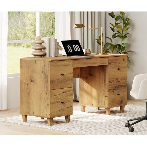 58" Executive Desk with 5 Drawers, Modern Farmhouse Home Office Computer Table with Charging Station, Oak Brown