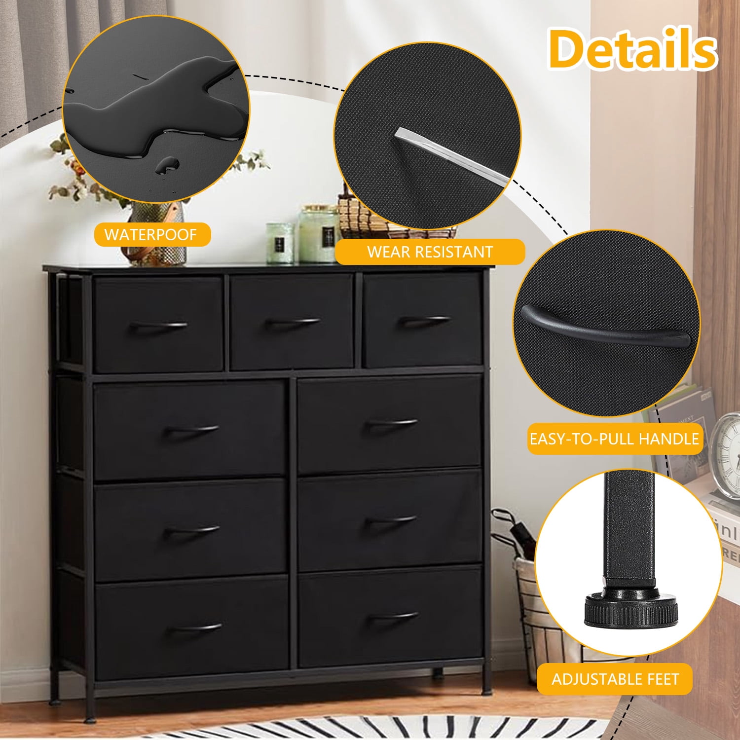Taoset 9-Drawer Fabric Dresser with Wood Top - Compact Storage Organizer for Adult for Bedroom, Closet, Black