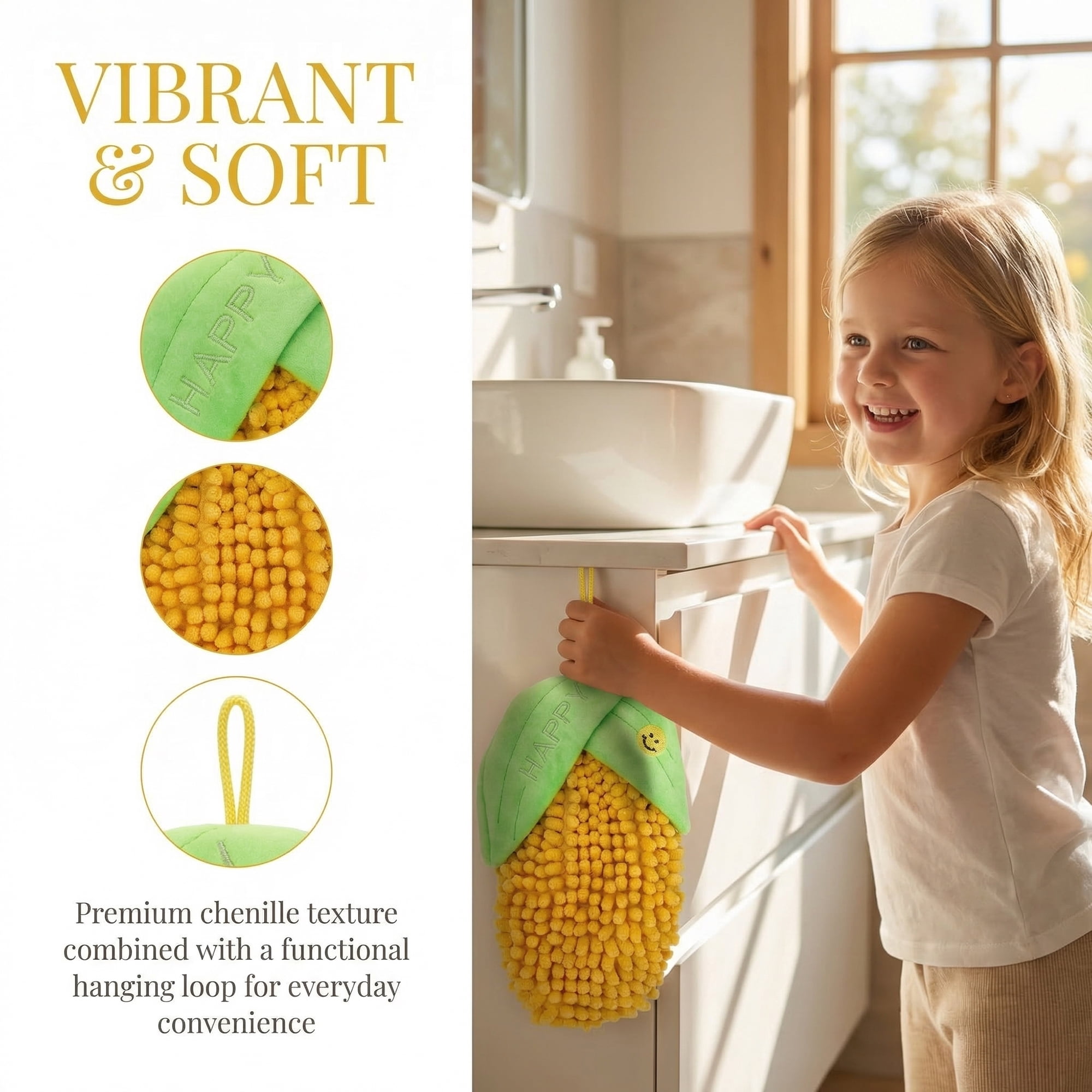 Unique Bargains Cute Corn Shaped Chenille Hanging Soft Absorbent Hand Towel Yellow 8" x 5"