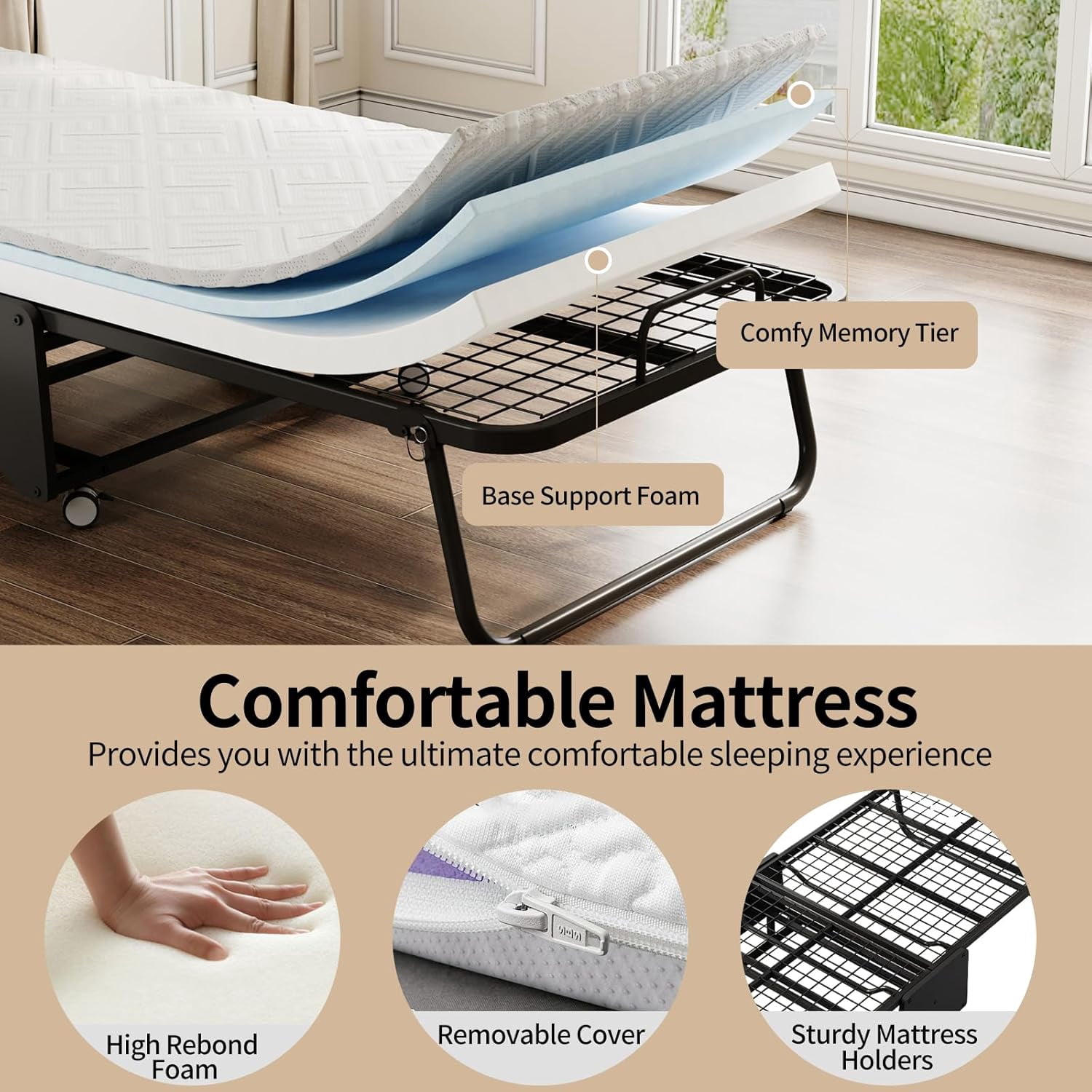 Folding Bed with Mattress - 75"x31"Twin Size Frame - Portable Rollaway Guest Bed with 5-inch Memory Foam Mattress - Space-Saving Foldable Design for Easy Storage (75"×31")