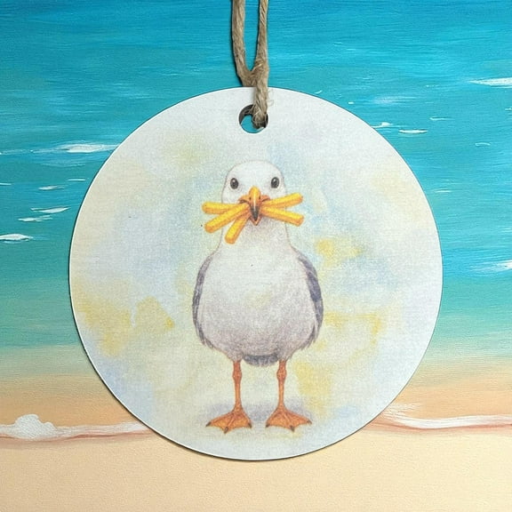 Seagull with French Fries Christmas Ornament, Coastal Beach Holiday Décor, 4” Round Wood Ornament, Nautical Tree Decoration