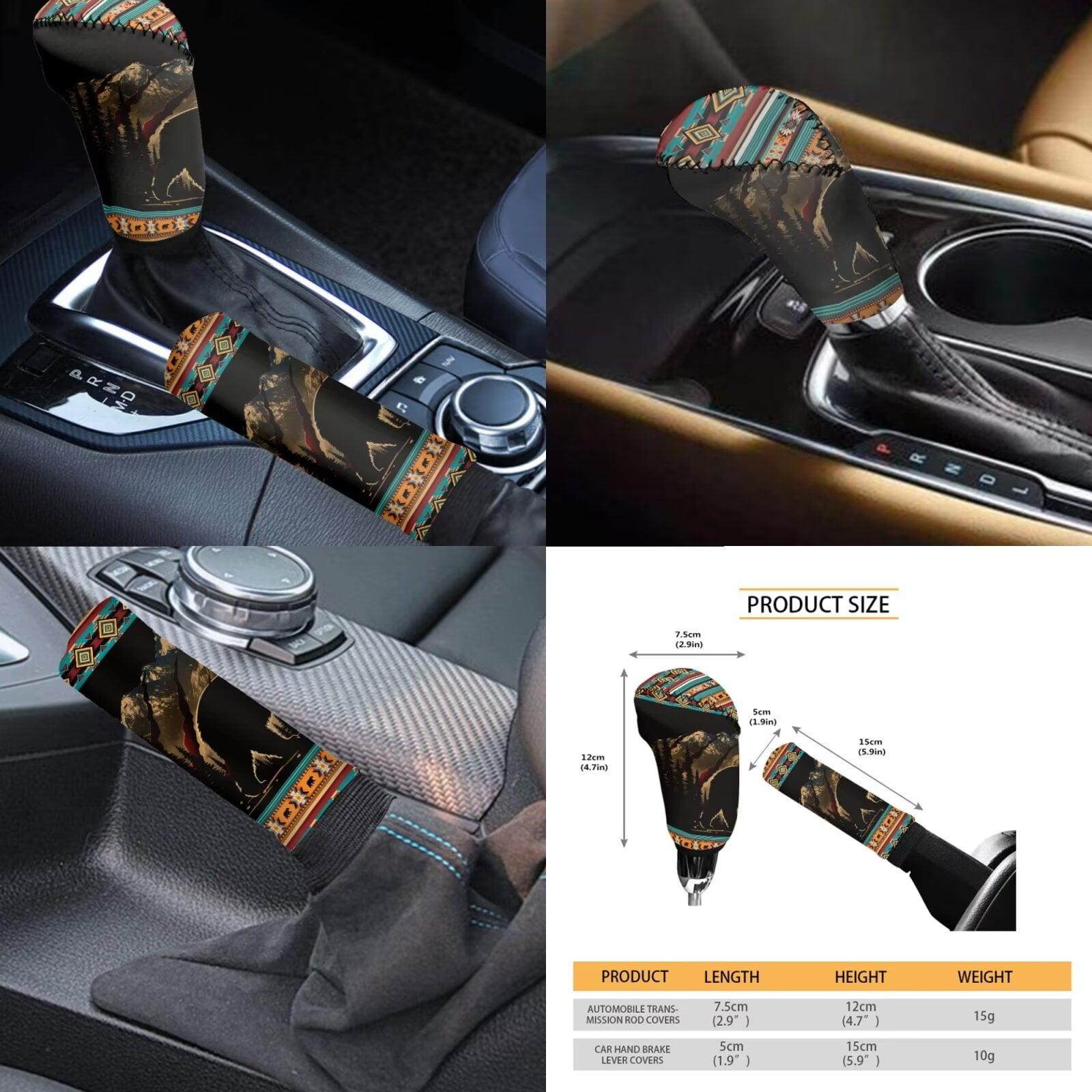 Garronmavis Aztec Mountain Bear 11Pcs Car Seat Cover with Headrest Cover+Cup Coasters+Handbrake Gear Shift Sleeve+Lanyards Key Chain Universal Fit Most Cars SUV Van Sedan Truck Interior Decor Sets