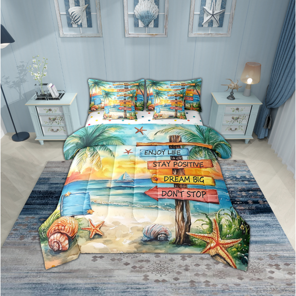 Erosebridal Starfish Seashell Bedding Sets Twin Size,Summer Beach Comforter Sets with Sheets,Teenager Bedroom Decor,Reversible,Breathable,7pcs