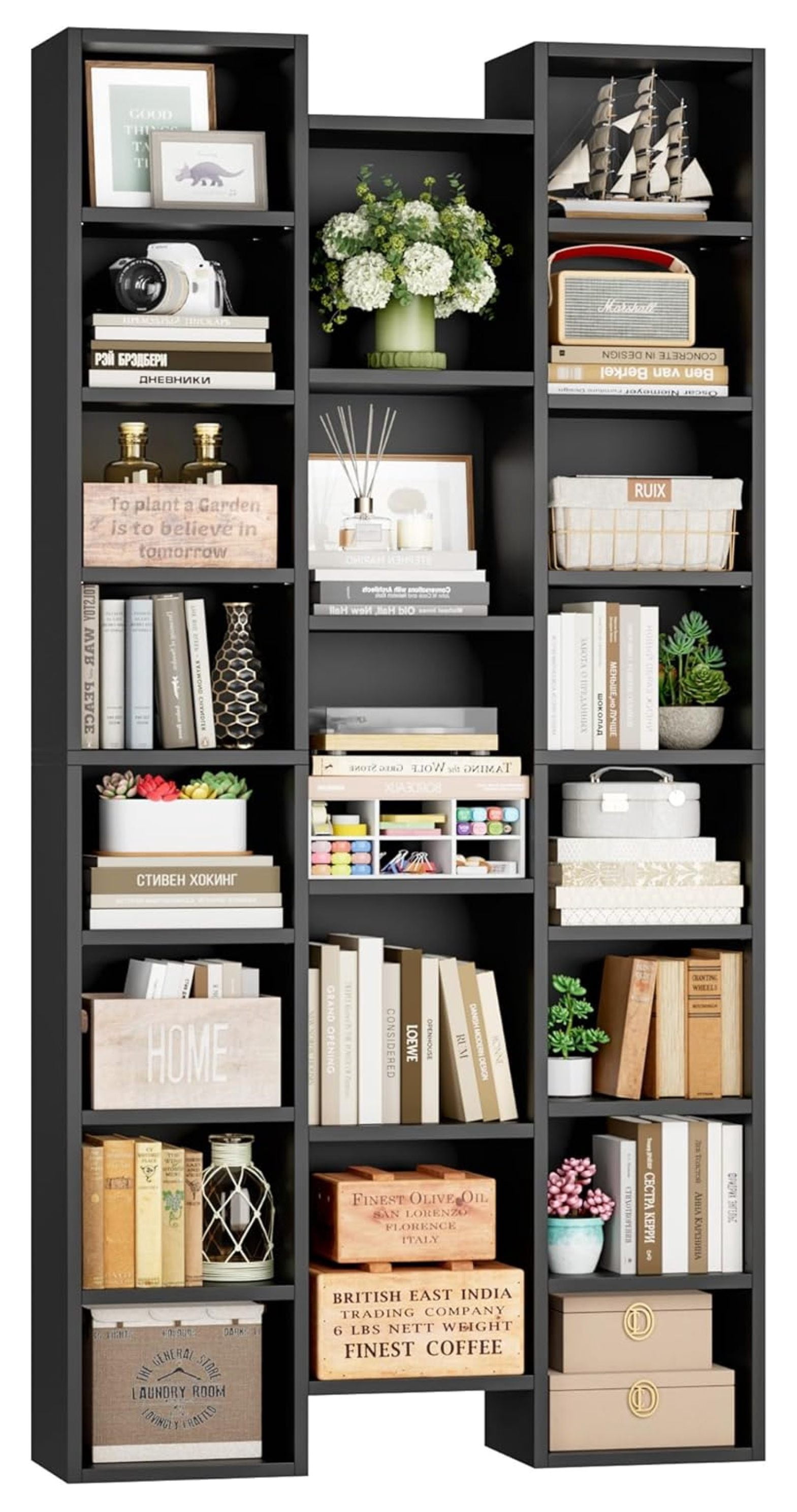 71’’ Tall Bookshelf, Triple Wide Black Bookshelf with Adjustable Shelves, 8 Tier Media Storage Tower Rack, Diaplay Cabinet Shelf, Cube Storage Organizer Shelf for Home Office, Black
