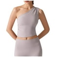 thumbnail image 3 of AGWOLF Women's Off the Shoulder Tank Tops Slim Fit Runched Yoga Top with Build in Bra Sleeveless Cropped Cami Summer Basic Tees Gray M, 3 of 5