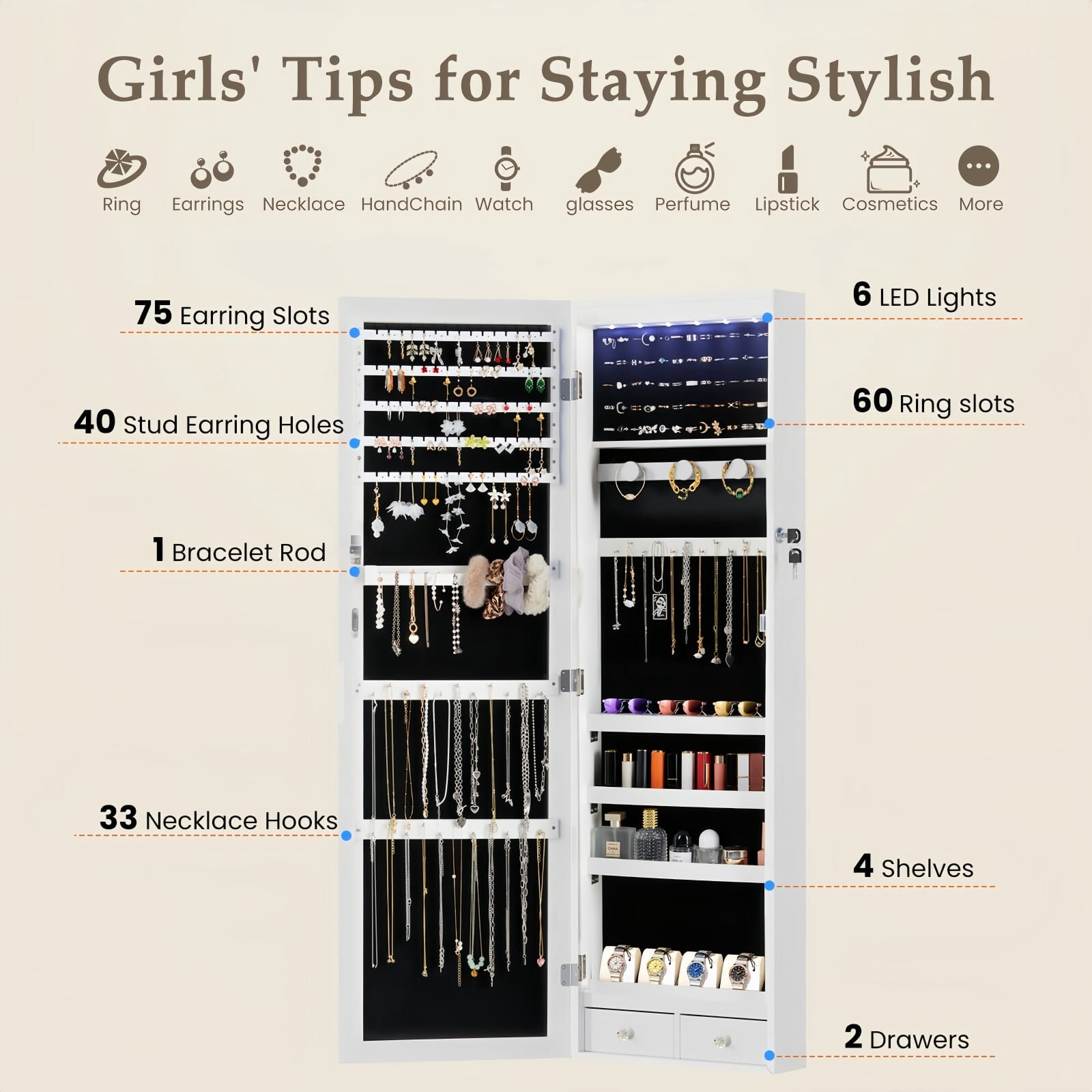 Kelno 47" Jewelry Armoire with HD Mirror LED Lights Wall/Door Mounted Jewelry Organizer Cabinet, White