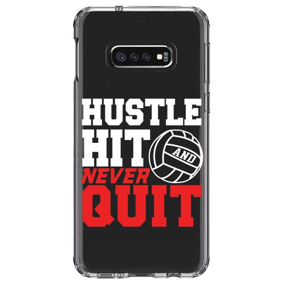 DistinctInk Clear Shockproof Hybrid Case for Samsung Galaxy S10e (5.8" Screen) - TPU Bumper Acrylic Back Tempered Glass Screen Protector - Hustle Hit Never Quit Volleyball