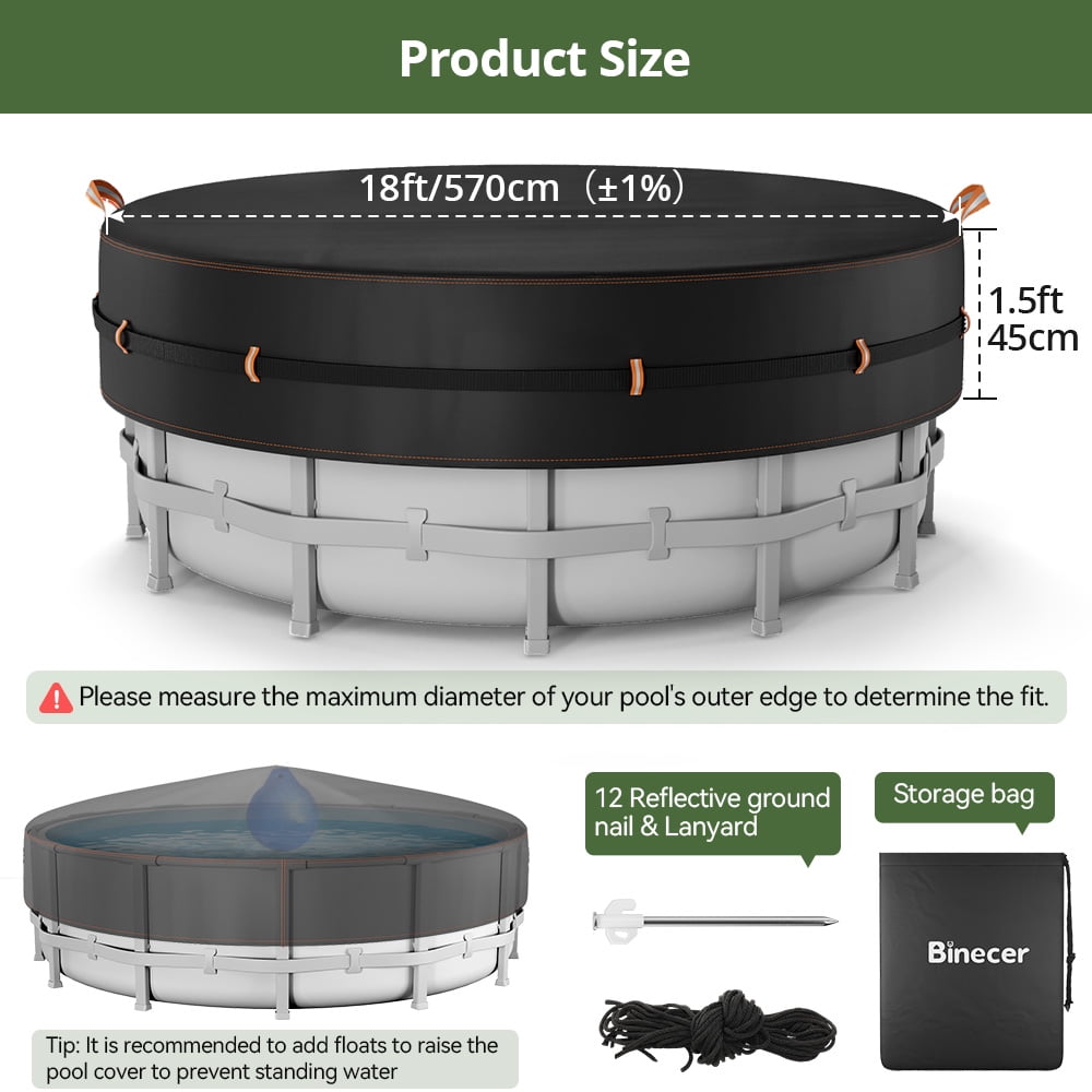 18 Ft Round Pool Cover with Reflective Strips, Swimming Pool Cover for Above Ground Pools, Solar Cover Including Rope Tie and Luminous Ground Nails, PU Tarp Snug Fit for UV Protected