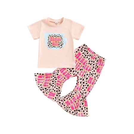 

Sunisery Toddler Baby Girls Summer Outfits Cow Print Short Sleeve T-Shirt Top+Flared Pants Set Western Clothes Pink 4-5 Years