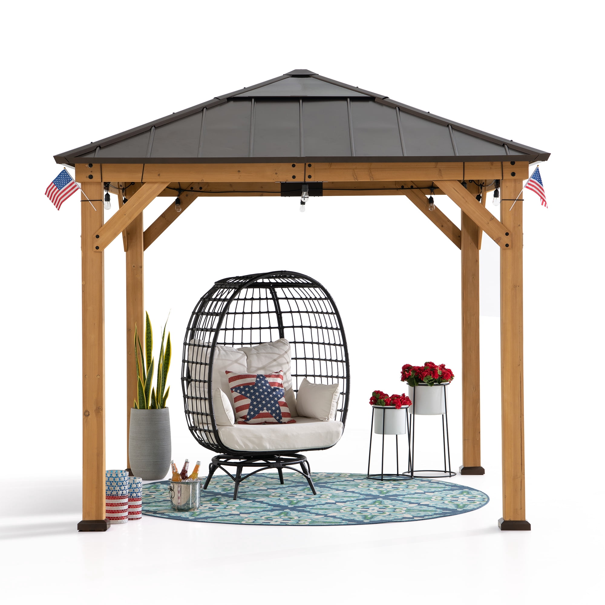 SUNJOY Hardtop Gazebo 9 x 9 ft. Cedar Framed Wood Gazebo with Brown Steel & Polycarbonate Pyramid Hip Roof and Ceiling Hook for Garden, Backyard Shade, Brown Roof + Natural Wood Frame