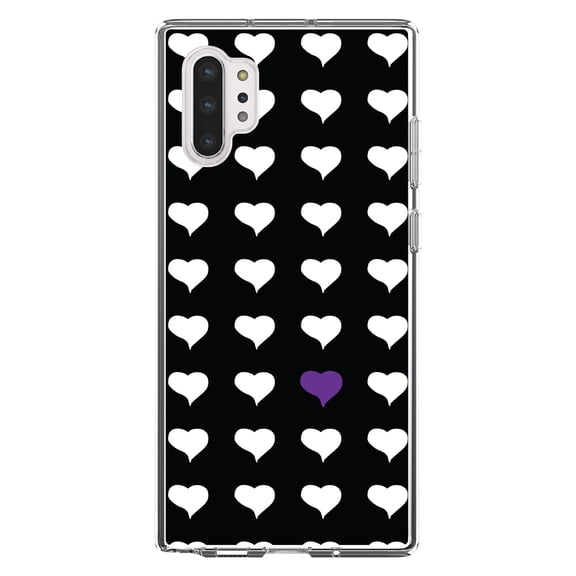 DistinctInk Clear Shockproof Hybrid Case for Galaxy Note 10 PLUS (6.8" Screen) - TPU Bumper, Acrylic Back, Tempered Glass Screen Protector - Purple White Black Repeating Hearts