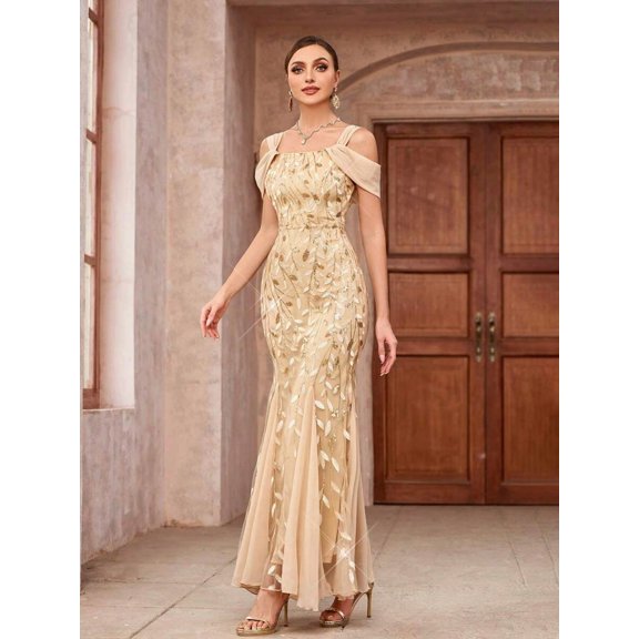 Gold Off-Shoulder Sequin Mermaid Evening Gown For Formal Party Prom