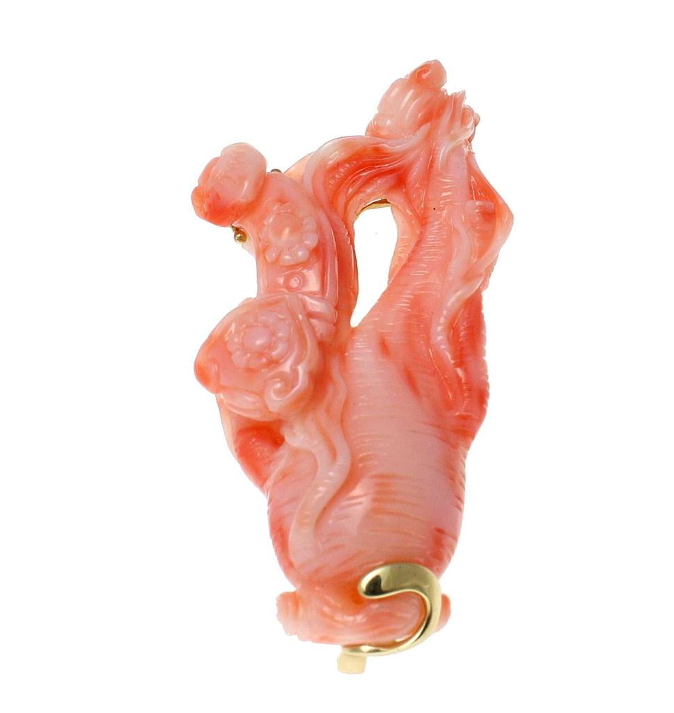 Genuine natural pink coral ginseng slide pendant lapel pin brooch 14k gold by