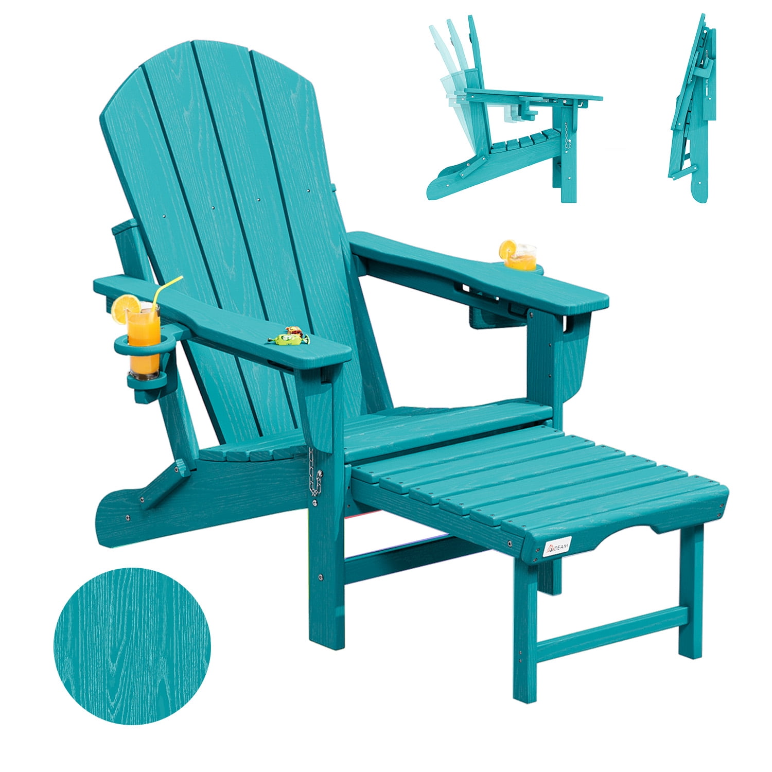 Erinnyees 3-Level Adjustable Adirondack Chair with Retractable Ottoman, HDPE All-Weather Folding Fire Pit Chair with 2 Cup Holders, Outdoor Chair for Garden