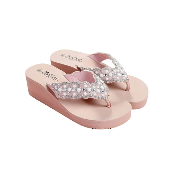 GENILU Women's Wedge Thong Sandals Rhinestone Thong Platform Flip Flops