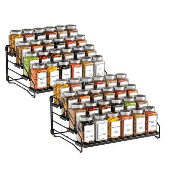 4 Tier Spice Rack Organzier, Spice Rack for Cabinet, Adjustable Depth Seasoning Shelf for Countertop, Pantry, Seasoning Organizer, Metal, Black (2 Pack)