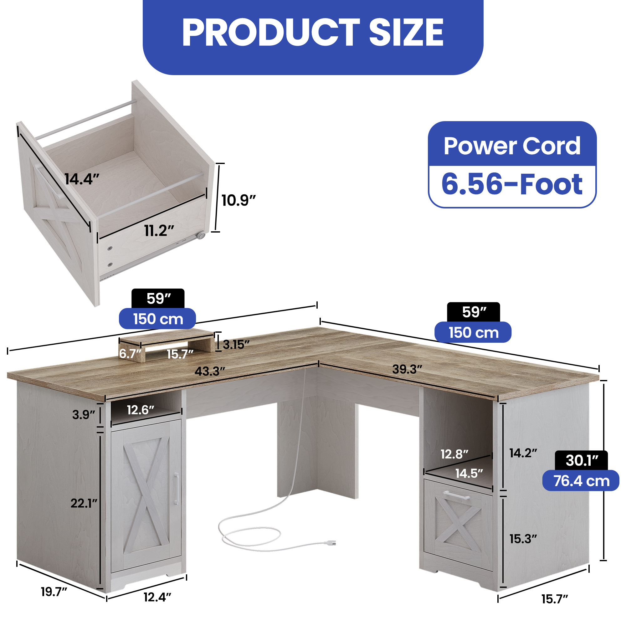 ModFusion 59 Inch L Shaped Corner Computer Desk with Power Outlets & USB Ports, Office Desk with File Drawer, Monitor Stand & Storage Shelves, Gray Wash