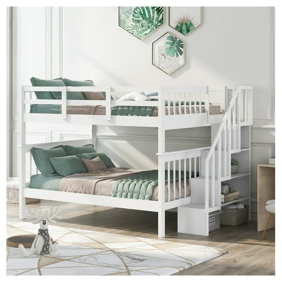 Wood Twin XL over Queen Bunk Bed with Ladder, White