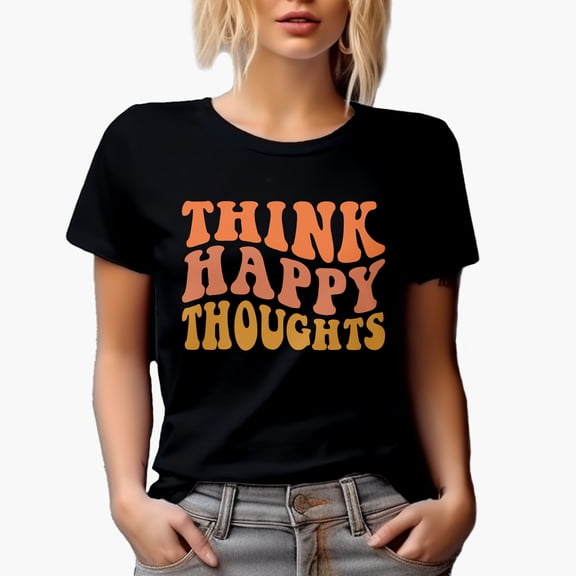 Think Happy Thoughts, Mental Health Quote, Groovy Retro Wavy Text Merch Gift, Black T-Shirt, Small