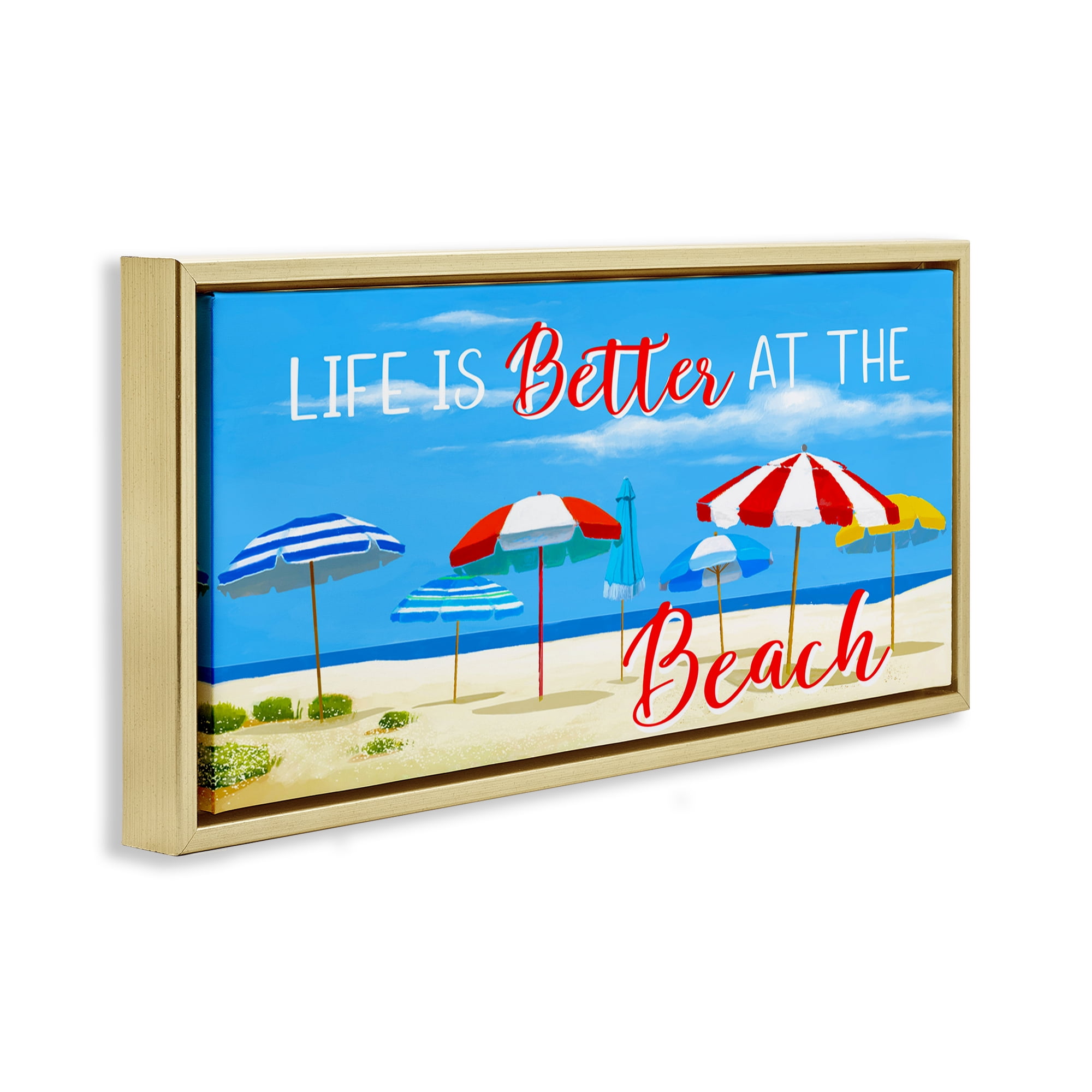 Stupell Industries Better At Beach Scene Landscape Painting Gold Floater Framed Canvas Art Print Wall Art, 31 x 14