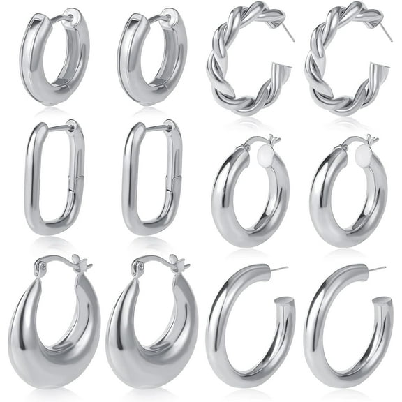 6 Pairs Chunky Gold Hoop Earrings Set For Women 14K Gold Plated Hypoallergenic Thick Open Huggie Hoop Set Jewelry For Gifts[Z300]