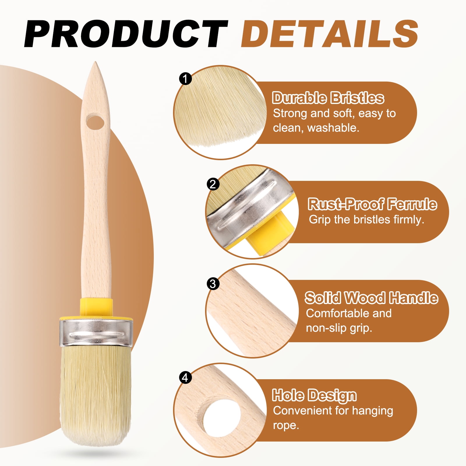 Uxcell  Wax Paint Brushes, 2 x 0.7 Inch Paint Brush, Oval PET Fiber Bristle with Wood Handle, Painting Tool for Furniture DIY Home Decor Art Crafts, Yellow
