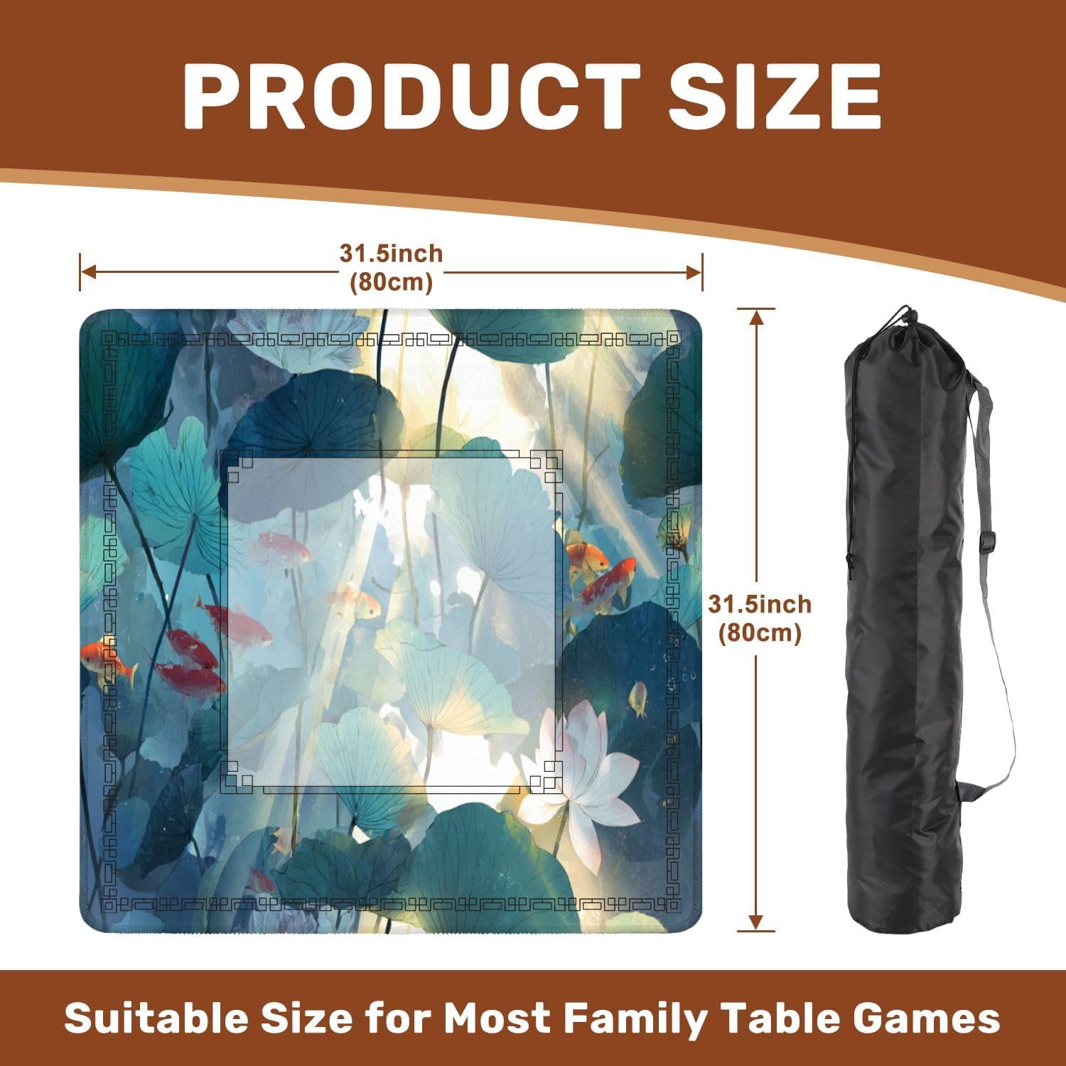 Mahjong Mat 31.5" x 31.5" Pastel Pond Painting Teal Pink Gold Floral Artwork Non-Slip Noise Reduction Mahjong Tiles Table Cover for Dominoes Poker Card Board and Tile Games