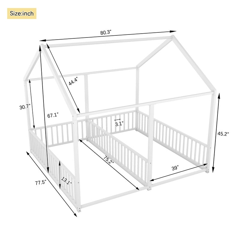 Mirightone Twin Size House Bed for 2 , Double Floor Bed for Twins, Twin House Platform Beds, Metal Floor Bed Frame. (White)